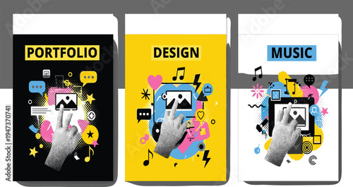 Creative Portfolio, Design, and Music Mobile App Interface Templates with Modern Abstract Elements for Digital Showcase, Multimedia Content, and Personal Branding Design