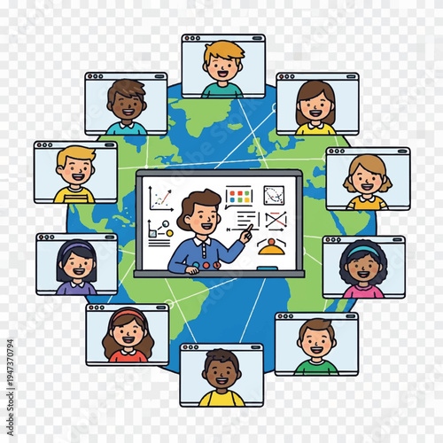 Diverse group of students and teacher collaborating in a global online video classroom.