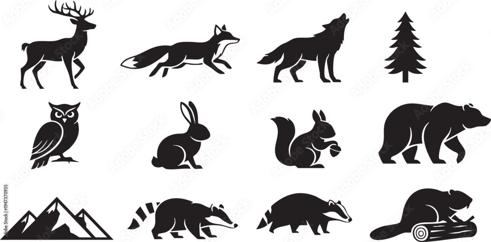 Fototapeta premium Black silhouettes of various forest animals and landscape icons on white background