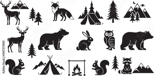 Black silhouettes of forest animals and camping elements on white background
