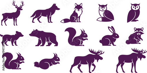 Collection of various animal silhouettes in purple on white background