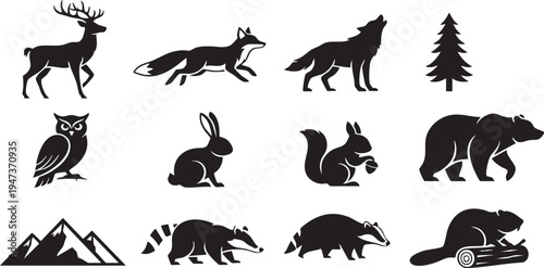 Black silhouettes of various forest animals and landscape icons on white background