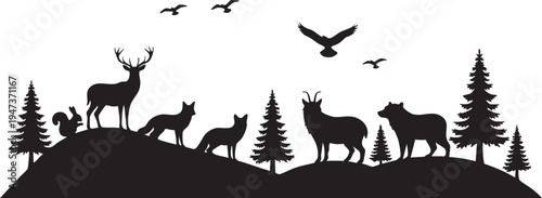 Black silhouettes of deer and birds in forest landscape with pine trees on hills