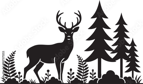 A wild stag with large antlers stands as a majestic silhouette in the winter forest, creating a nature illustration of a buck or elk perfect for wildlife or Christmas icons