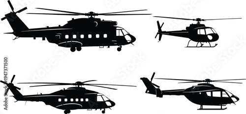 Black helicopter silhouettes collection isolated on white background, military transport chopper and light utility helicopter vector illustration set aviation aircraft