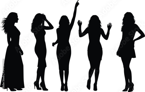 Black silhouette collection of fashionable women standing in various poses, stylish female figures isolated on white background, fashion concept