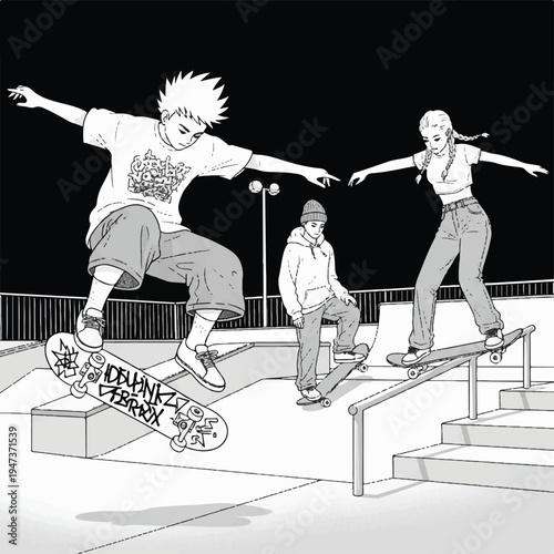 Nighttime skatepark scene featuring skaters performing tricks on a handrail.