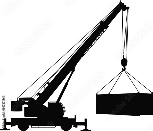Black silhouette mobile crane lifting cargo container, construction equipment hoisting load, industrial machinery truck mounted boom operator site vector isolated
