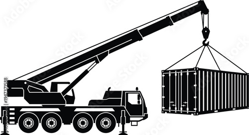 Black silhouette mobile crane lifting shipping container, heavy construction lifting equipment vector illustration isolated, logistics cargo handling industrial transport
