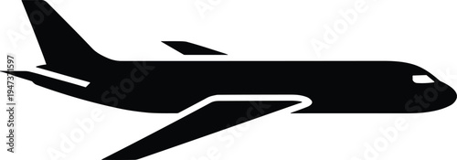 Black silhouette of a commercial airplane flying in side view isolated on white background for travel aviation and transportation designs,