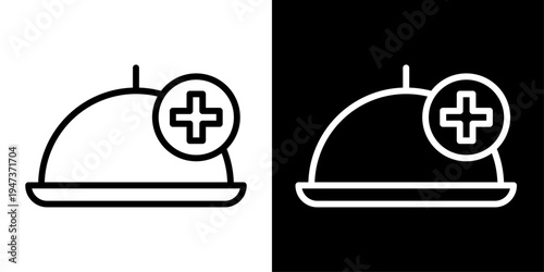 Order food icon featuring serving tray with plus symbol representing food delivery, online ordering, restaurant service and meal booking.