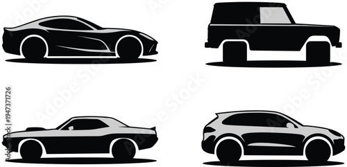 Car silhouette collection vector set, sports coupe SUV muscle and classic automobile isolated on white background