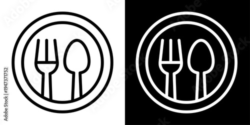 Restaurant icon in outline style showing plate with fork and spoon representing dining place, food service, cafe and restaurant menu concept.
