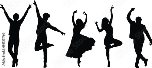 Dance, silhouettes, people, expressive, poses, movement, rhythm, freedom, artistic, performance, modern, style, emotion, energy, black, white, isolated, background, creative, motion