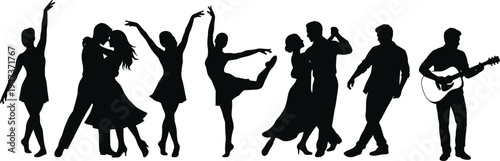 Dancing couple and musician silhouettes set, men and women performing romantic and ballet dance isolated black vector illustration