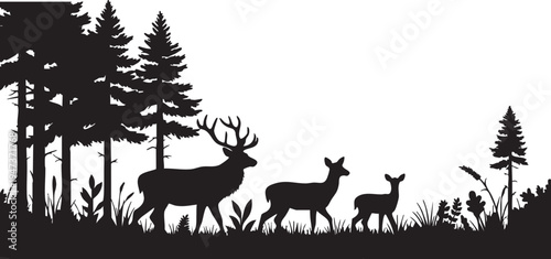 Black silhouette of deer family walking through forest with trees and grass