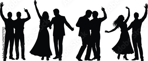 Dancing couples silhouette set illustration, men and women party celebration black vector isolated collection