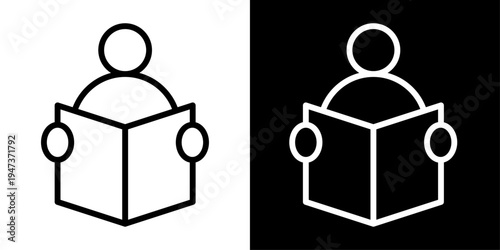 Story icon featuring person reading book representing storytelling, reading content, social media stories and digital content consumption.