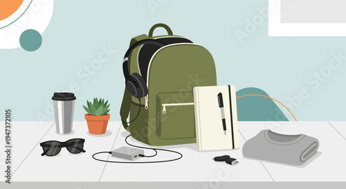 Backpack with essentials: headphones, notebook, sunglasses, coffee, plant, sweater, charger
