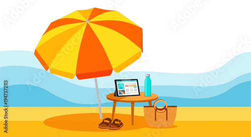 Beachside Digital Nomad Setup: Umbrella, Tablet, and Beach Bag on Sandy Shore