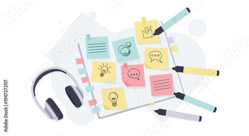 Brainstorming Session: Sticky Notes, Ideas, and Creativity with Headphones