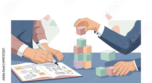 Businessmen building strategy with blocks and flowchart, teamwork, planning, collaboration