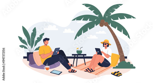 Couple working remotely on laptops on a tropical beach under a palm tree
