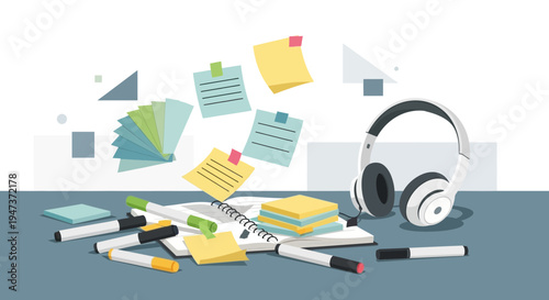 Creative Study Session: Notebook, Sticky Notes, Markers, and Headphones on Desk
