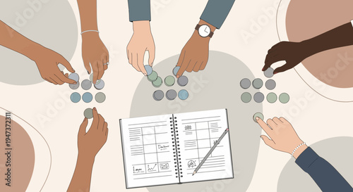 Diverse team planning strategy with tokens and calendar, collaboration concept