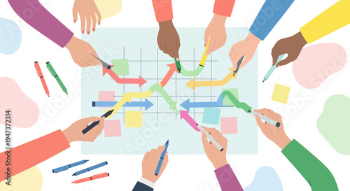 Diverse team collaborating on strategy, planning, and project management with colorful arrows on a board.