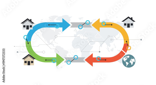 Global business logistics network connecting houses and earth with arrows