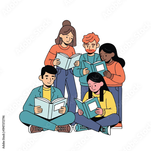 Diverse group of five people reading books together in a casual setting.