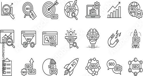 Comprehensive SEO and Digital Marketing Line Icon Set Featuring Search Engine Optimization Keyword Research Growth Analytics and AI Strategy Symbols