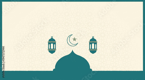 Minimalist flat vector illustration of a mosque dome with crescent moon and lanterns modern eid al fitr design concept