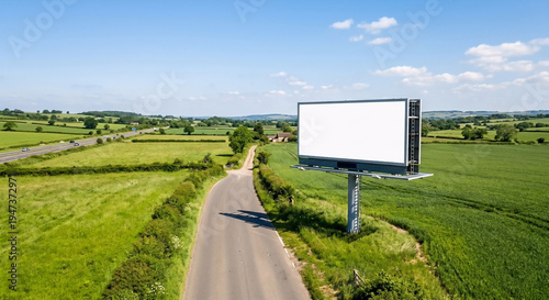 Blank Billboard Mockup Along Rural Road with Green Fields and Blue Sky – Outdoor Advertising Display Template