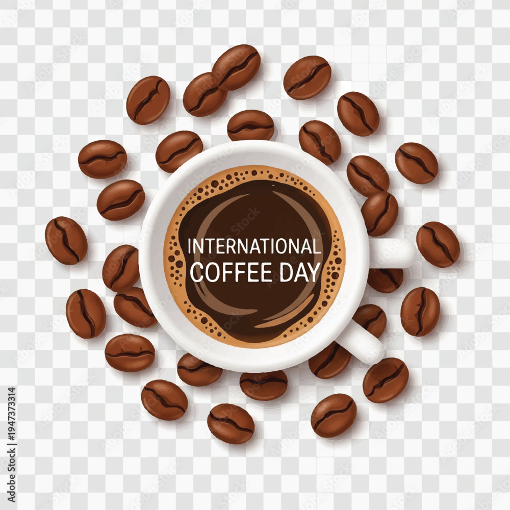 Obraz premium Delicious coffee cup surrounded by scattered beans celebrating International Coffee Day.
