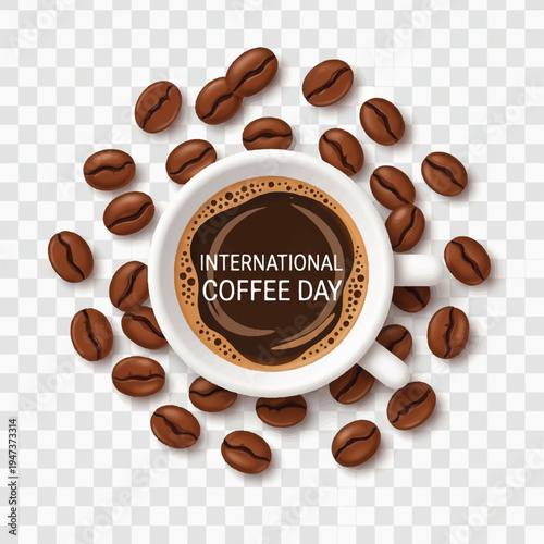 Delicious coffee cup surrounded by scattered beans celebrating International Coffee Day.