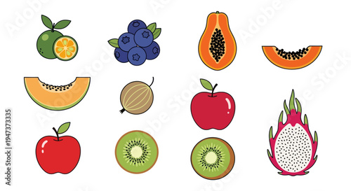 Colorful vector illustrations of various fruits