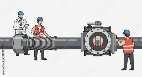Professional technicians and engineers collaborate on a crucial pipeline inspection, utilizing specialized tools to maintain the integrity of vital industrial infrastructure.