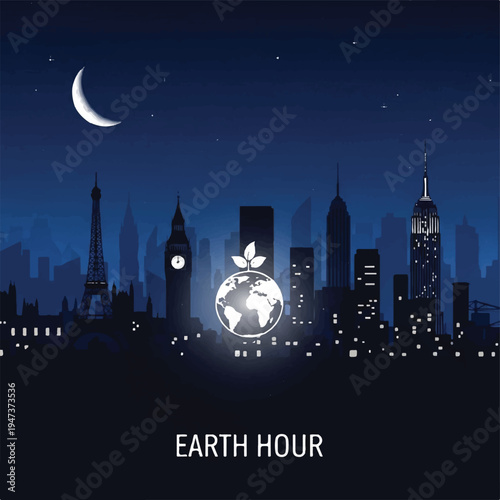 Night City Skyline Illuminated for Earth Hour with Glowing Earth Symbol.