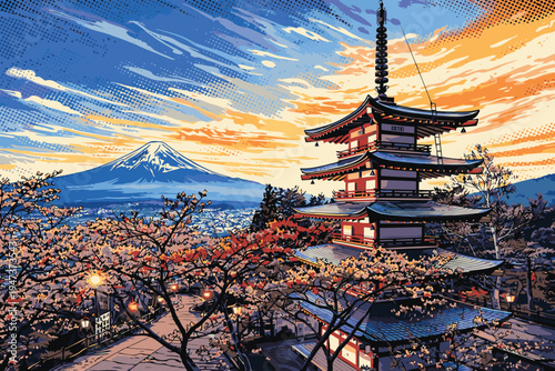 Beautiful Japanese Landscape Scenic Vector Illustration