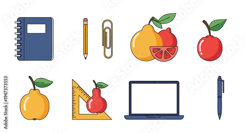 Colorful illustration of school and food elements
