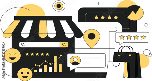 Online Store Customer Review and Rating Illustration with E Commerce Shop, Location Pin, Shopping Bags, Feedback Stars, and Digital Retail Analytics Concept