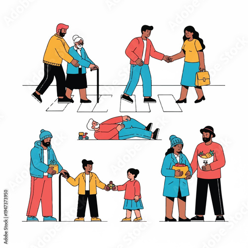 Diverse group of people engaging in everyday social interactions and assistance.