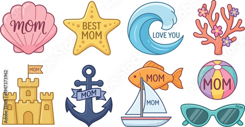 An assortment of beach and nautical themed items decorated with Mother's Day messages creates a seaside vacation visual set.