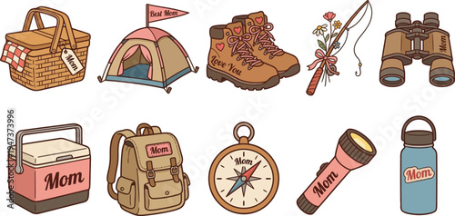 Various outdoor recreation and camping gear items labeled for Mother's Day appreciation are arranged for an adventure theme.