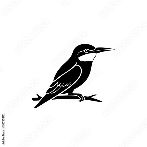 A black and white silhouette of a bird perched on a branch