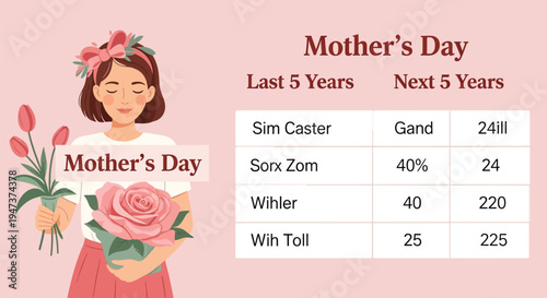 Woman holding a large pink rose and a bouquet of tulips stands next to a Mother's Day statistical comparison table.