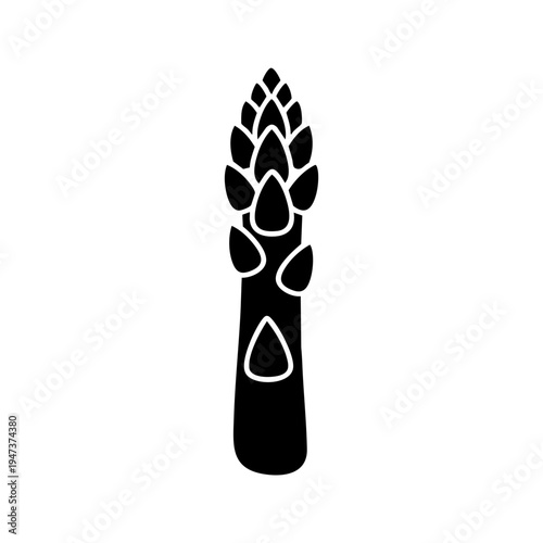 Black and white illustration of an asparagus spear with intricate top design