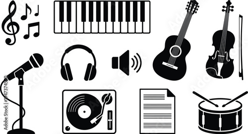 Various musical instruments and audio equipment icons such as a microphone, keyboard, and turntable represent the theme of music production.